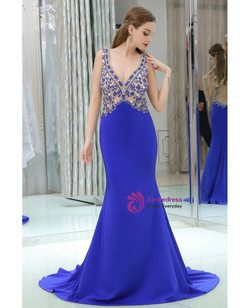 Mermaid Blue V-neck Backless With Beading Prom Dress