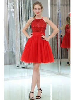 Little Red Sequined Tulle Homecoming Dress Cocktail Length