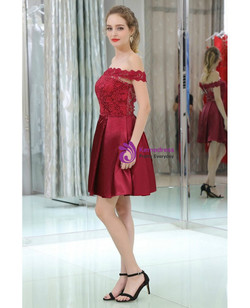 Off The Shoulder Burgundy Lace Satin Cocktail Dress