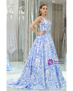 Long V Neck Floral Print Blue Satin Prom Dress