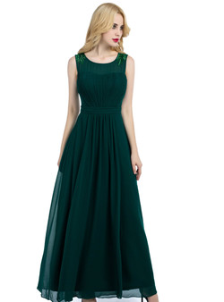 Green Chiffon Pleats Scoop Bridesmaid Dress With Beading