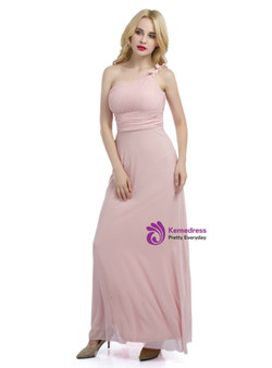 Pink One Shoulder Floor Length Bridesmaid Dress With Pleats
