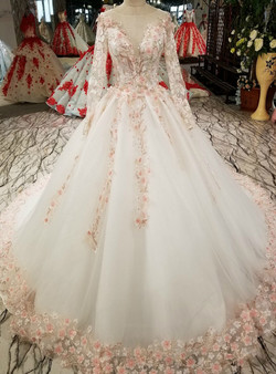 White Tulle Ball Gown Long Sleeve Backless Haute Couture Wedding Dresses