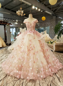 White Tulle Pink Flower Ball Gown Cap Sleeve Train Wedding Dress