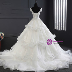 White Tulle Satin Ball Gown V-neck Train Beading Wedding Dress