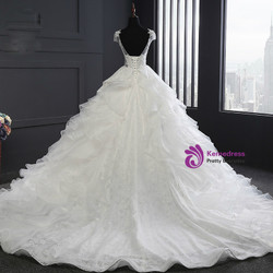 White Lace Tulle Cap Sleeve Backless Pearls Wedding Dress