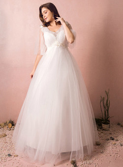 A-Line V-neck White Tulle Floor Length Wedding Dress