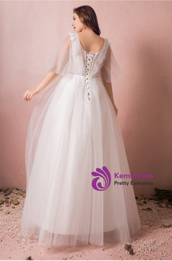 A-Line V-neck White Tulle Floor Length Wedding Dress