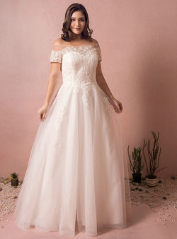 A-Line White Tulle Lace  Off The Shoulder Wedding Dress