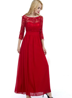 Red Long Sleeve Chiffon Lace Backless Bridesmaid Dress