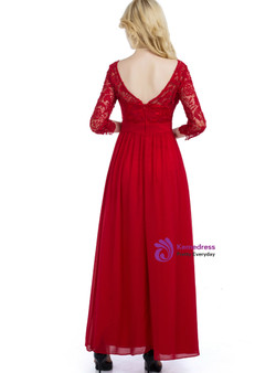 Red Long Sleeve Chiffon Lace Backless Bridesmaid Dress