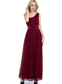 Burgundy Chiffon One Shoulder Chiffon Sequins Bridesmaid Dress