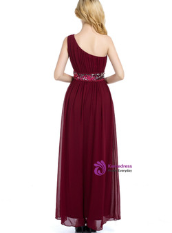Burgundy Chiffon One Shoulder Chiffon Sequins Bridesmaid Dress