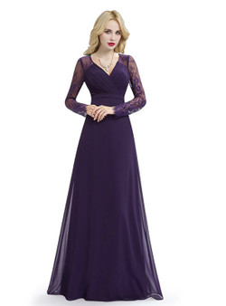 Purple Long Sleeve Chiffon Lace Floor Length Bridesmaid Dress