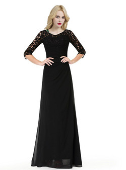 Black Long Sleeve Chiffon Lace Floor Length Bridesmaid Dress