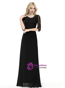 Black Long Sleeve Chiffon Lace Floor Length Bridesmaid Dress