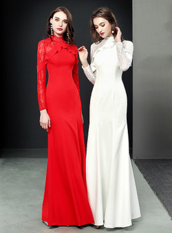 Mermaid Long Sleeve Satin Lace Floor Length Prom Dress