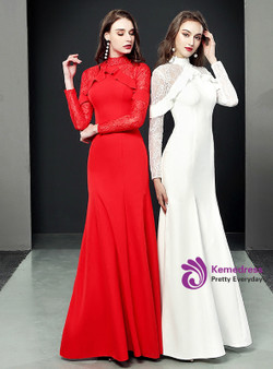 Mermaid Long Sleeve Satin Lace Floor Length Prom Dress