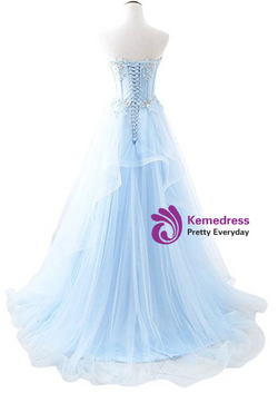 In Stock:Ship in 48 hours Ready To Ship Blue Tulle Appliques Beading Prom Dress