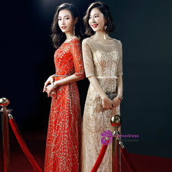 A-Line Bling Bling Short Sleeve Floor Length Prom Dress