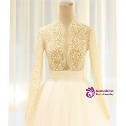 A-Line Blue Tulle Long Sleeve Deep V-neck Wedding Dress