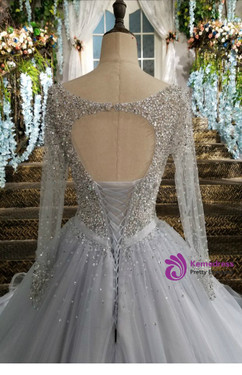Gray V-neck Long Sleeve Backless Beading Wedding Dress Gray V-neck Long Sleeve Backless Beading Wedding Dress