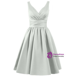 Short V-neck Satin Knee Length With Pleats Bridesmaid Dress