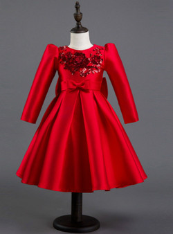In Stock:Ship in 48 hours Ready To Ship Red Satin Long Sleeve Girl Dress