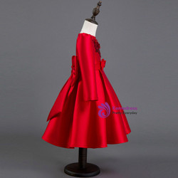 In Stock:Ship in 48 hours Ready To Ship Red Satin Long Sleeve Girl Dress