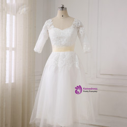 Short Half Sleeves Tea Length Beaded Applique Tulle Wedding