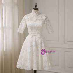 A-line High Collar Lace Half Sleeves Knee Length Wedding Dresses