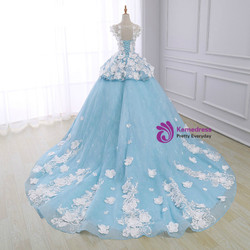 Blue Ball Gown Cap Sleeve Organza Flower Backless Wedding Dress