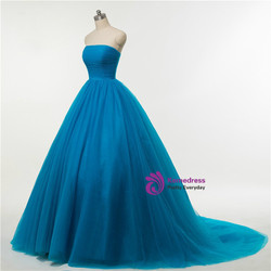 Blue Ball Gown Strapless Tulle Backless Wedding Dress