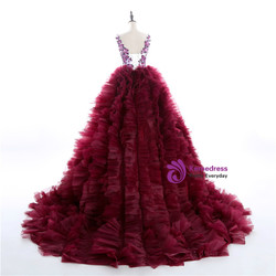 Burgundy Ball Gown Ruffles Beading Crystal Wedding Dress