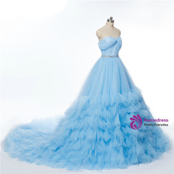 Sweetheart Blue Ruched Crystal Tulle Bridal Train Wedding Dress Sweetheart Blue Ruched Crystal Tulle Bridal Train Wedding Dress