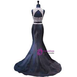 Two Piece Sleeveless Black Mermaid Beaded Backless Prom Dress