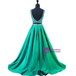 Beaded Crystals Beaded Floor Length Backless Two Piece Prom Dress