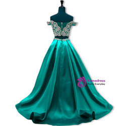 A-line Cap Sleeve Beaded Lace Green Two Piece Prom Dresses