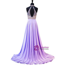A-line Beaded Crystals Floor Length Backless Lilac Chiffon Prom Dress