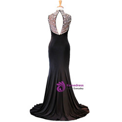 High Neck Beaded Crystals Floor Length Black Mermaid Prom Dress