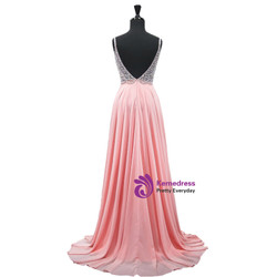 V-neck Heavy Beaded African Pink Chiffon Backless Prom Dress