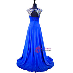 A-line Beaded Crystals Royal Blue Backless Chiffon Prom Dress