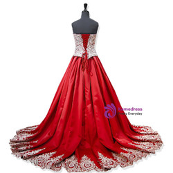 Sweetheart Gold Lace Appliques Ball Gowns Red Prom Dress