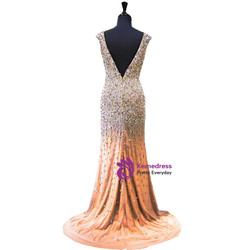 Mermaid V-neck Beaded Crystals Floor Length Champagne Prom Dress