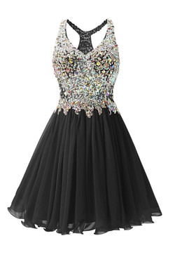 In Stock:Ship in 48 hours Black Chiffon Crystal Homecoming Dress