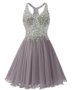 In Stock:Ship in 48 hours Gray Chiffon Crystal Homecoming Dress