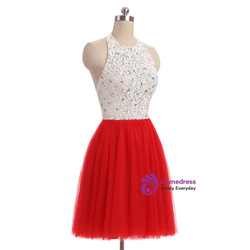 In Stock:Ship in 48 hours Red Tulle Halter Beading Homecoming Dress