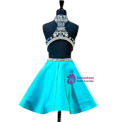 Blue High Neck Beaded Crystals Backless Party Homecoming Dress