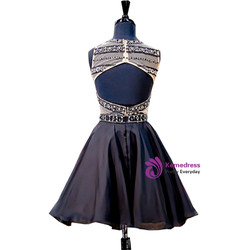 A-line Beaded Crystals Backless Black Short Homecoming Dress