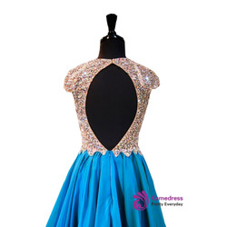 A-line V-neck Beaded Crystals Backless Blue Homecoming Dress